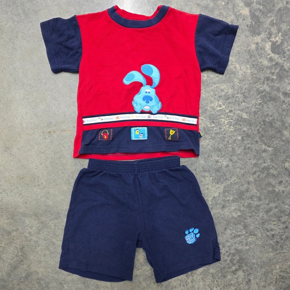 Vintage 90s Blue's Clues Kids 5T 2 Piece Outfit Shorts Sleeve Pawprint‎